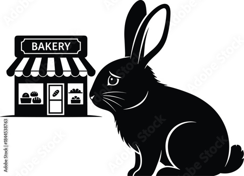 Rabbit silhouette facing bakery shop illustration funny animal concept black and white vector cartoon business food humor design