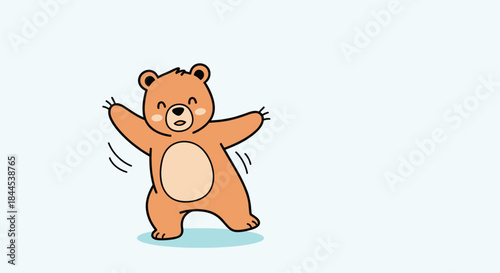 Adorable cartoon brown bear standing with open arms for a hug, illustrated in a simple and cute style on a blue background.
