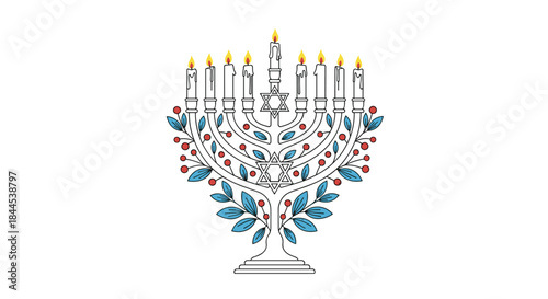 Elegant Hanukkah menorah with nine lit candles, decorated with blue leaves, red berries, and the Star of David symbol.