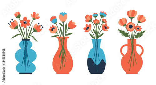 Set of four modern and stylish vases in blue and orange, each holding a beautiful bouquet of stylized abstract flowers.