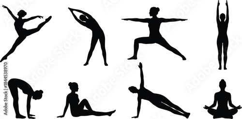 Women yoga fitness silhouettes showing stretching balance strength poses isolated on white background healthy lifestyle vector illustration set