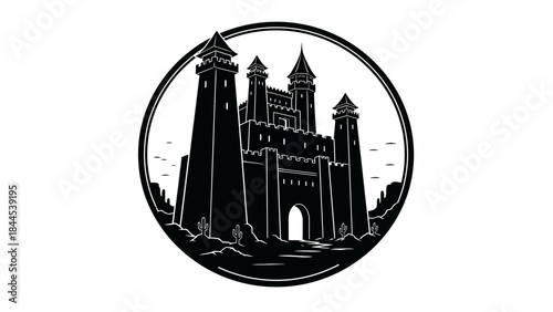Iconic black and white illustration of a grand castle silhouette in a desert landscape