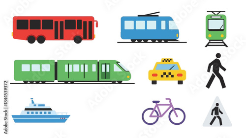 Colorful flat icons representing various modes of urban and public transportation