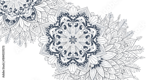 Intricate and ornate hand-drawn mandala pattern with detailed floral and ornamental elements, perfect for a relaxing background.
