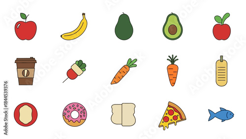 Colorful flat design icons representing a variety of food and drink items for healthy and
