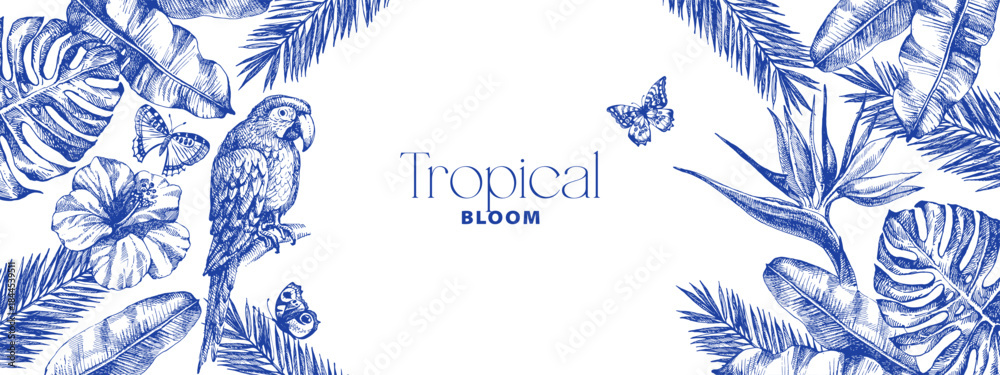 Fototapeta premium Vintage tropical frame with exotic vibe. Parrot, tropical leaves, hibiscus, butterflies. Coffee, restaurant, food packaging, event decor concept. Hand drawn sketch vector illustration.