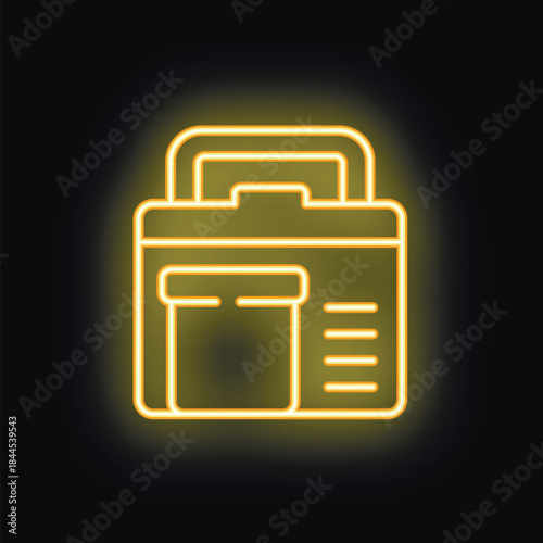 Neon icon of a portable printer with handle and file folder displaying on its screen
