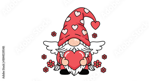 Cute Valentine's Day gnome with angel wings holding a large red heart, surrounded by small pink flowers on white background.