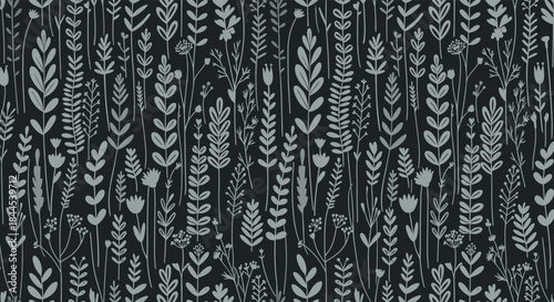 Elegant seamless pattern of hand-drawn wildflowers and botanical elements in a light gray on a dark background for a rustic feel.