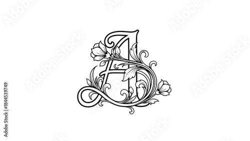 Elegant floral monogram letter A ornate flourish design with blossoms and leaves on white background