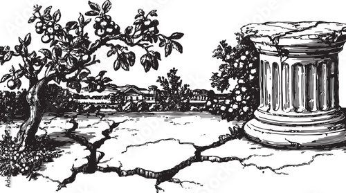 Vintage illustration of a tree and column in a cracked landscape. Simple black and white vector set showcasing nature and historical scenery.