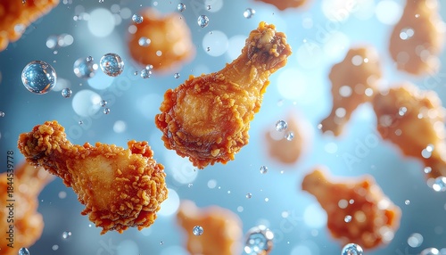 Dynamic Chicken Pieces Floating with Water Droplets and Bubbles