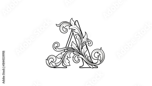 Elegant letter A with baroque floral ornaments in black and white design