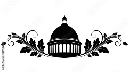 Elegant Silhouette of a Dome Building with Ornate Flourishes and Leaf Motifs