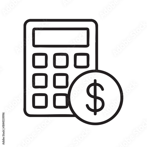 A simple black and white illustration depicting a calculator alongside a coin with a dollar sign