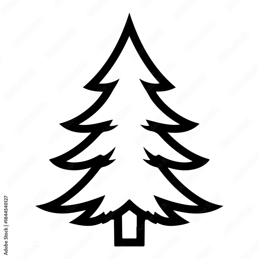Obraz premium Simple and bold black line illustration of a Christmas tree in a clean minimalist style. Ideal for icons, logos, stickers, and coloring pages.
