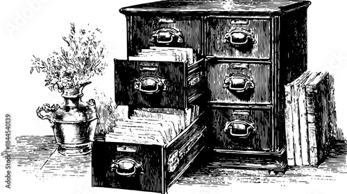 Vintage storage cabinet with multiple drawers. Detailed black and white vector illustration featuring a stylish vase and plant.
