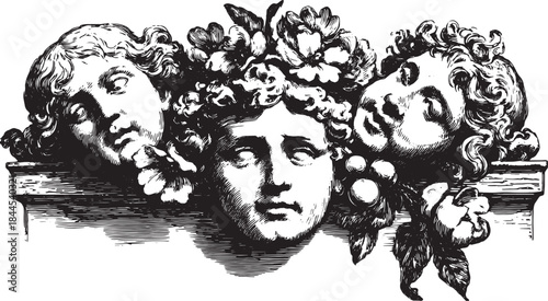 Classical bust ornament featuring three heads intertwined with floral elements. Detailed vector illustration showcases historical artistry.