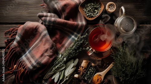 Warm cozy scarf with steaming cup of herbal tea surrounded by fresh leaf herbs, wooden table, and spice creating inviting warm atmosphere for peaceful relaxation and comfort