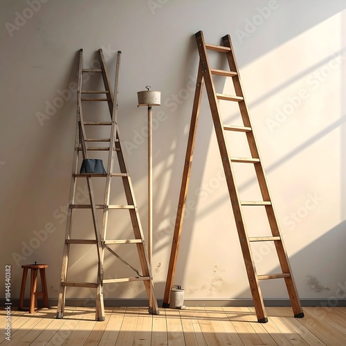 Two wooden ladders lean against a plain wall, with a lamp and stool nearby