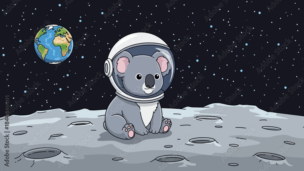Naklejka premium Cartoon koala as astronaut on the moon with Earth in the background.
