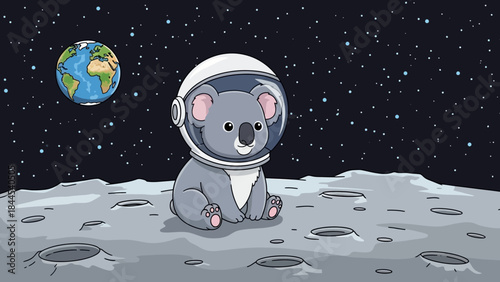 Cartoon koala as astronaut on the moon with Earth in the background.