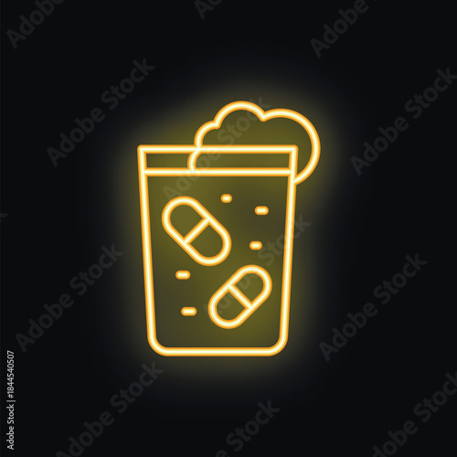 Yellow glowing neon icon of a glass with effervescent pills dissolving in water, set against a dark background