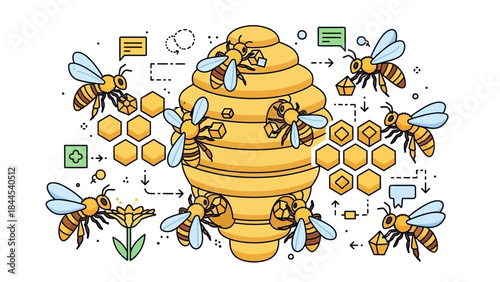 Busy bees swarm around a colorful beehive and honeycomb in a lively garden scene.