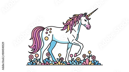 Whimsical white unicorn with purple mane standing among colorful flowers in a sunny scene.