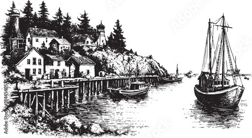 Vintage black and white illustration of a harbor scene. It features a lighthouse, boats, and trees along the shore in a classic vector style.