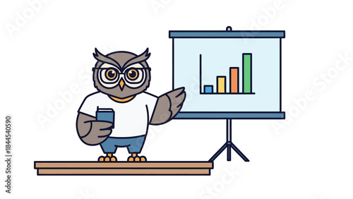 Animated owl presenting a bar chart in a classroom during a lecture and lesson.