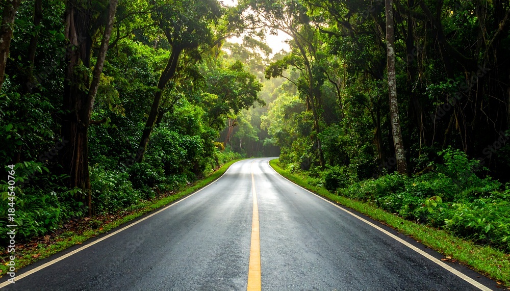 Fototapeta premium Empty road curves through dense, lush, green tropical forest under a bright, hazy, soft, sunlight