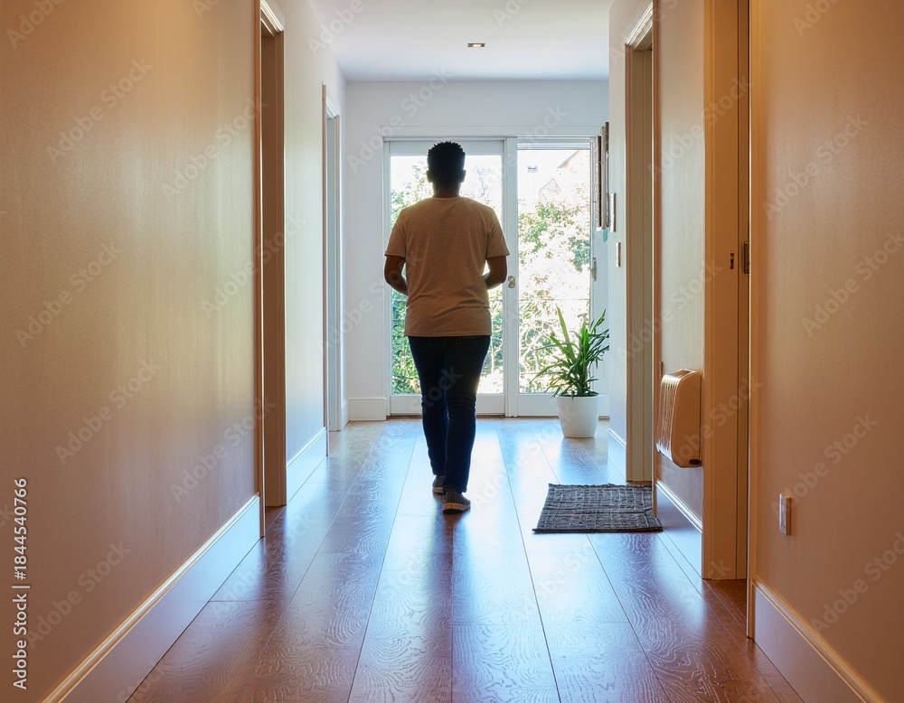Fototapeta premium Person walking down a hallway towards a door at the end