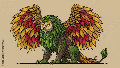Colorful fantasy griffin perched with vibrant green body and brilliant wings, depicting a mythical avian guardian.