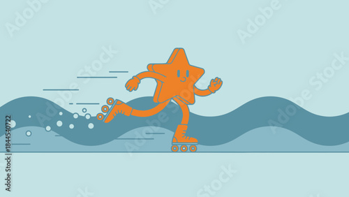 Playful orange cat surfing on blue waves under a sunny sky.