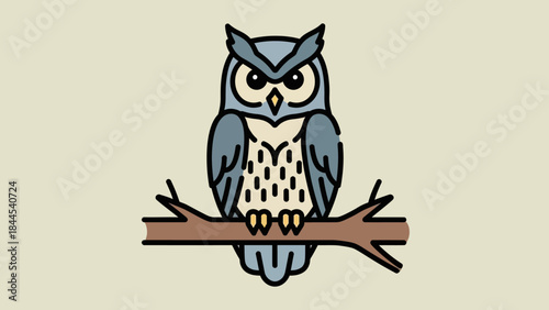 Cartoon Owl Perched on a Branch: Stylized Animal Illustration with Cute Expression.