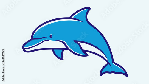 Playful blue dolphin mascot illustration in a coastal, oceanic scene.