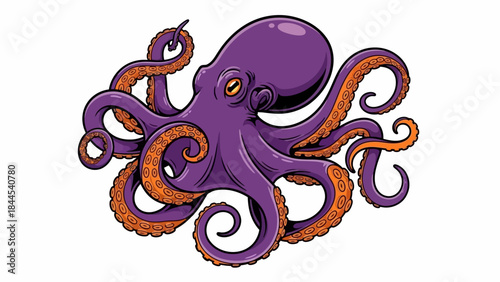 Playful purple cartoon octopus with curled tentacles in an underwater marine illustration.