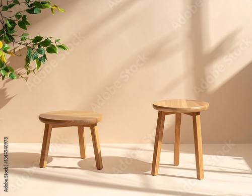 Two wooden stools against a neutral wall with natural light and foliage