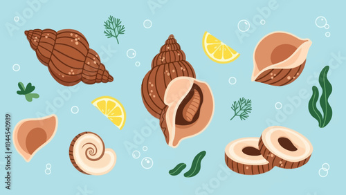 Delicious assortment of seafood shells and lemon slices on a blue background