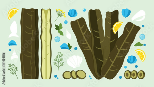 Freshly harvested seaweed assortment with lemon slices and garnishes