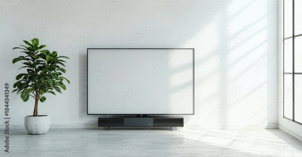 Fototapeta premium Minimalist interior features wallmounted television, plant. Bright room showcases clean lines, neutral palette, modern design elements.