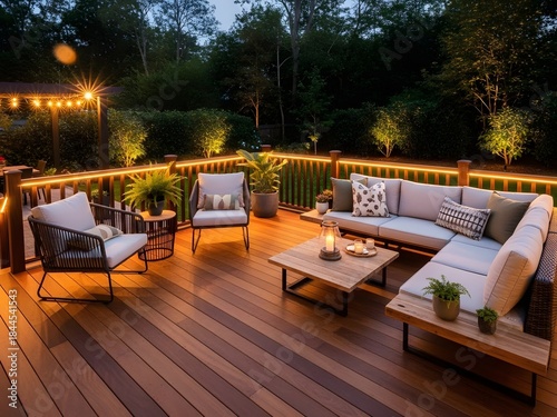 High-end hardwood deck with integrated LED lighting, premium service branding, evening outdoor atmosphere.