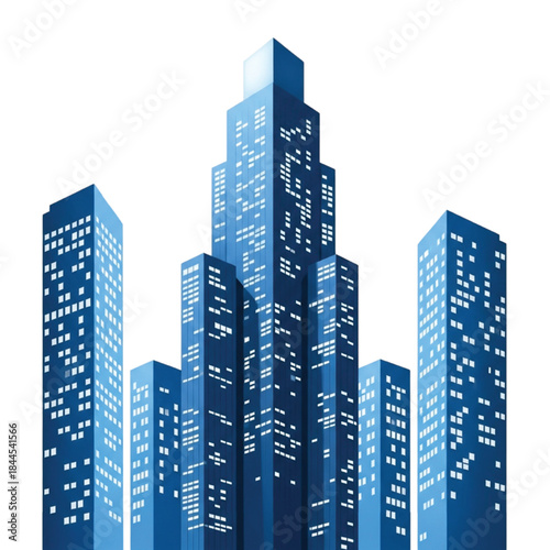 Blue Skyscraper Cityscape with Illuminated Windows at Night Keywords: cityscape, skyscrapers