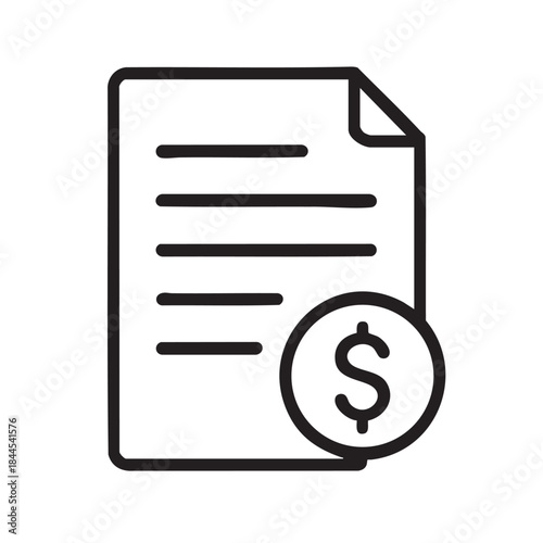 A simple black and white line drawing depicts a document with a dollar sign representing financial paperwork or billing