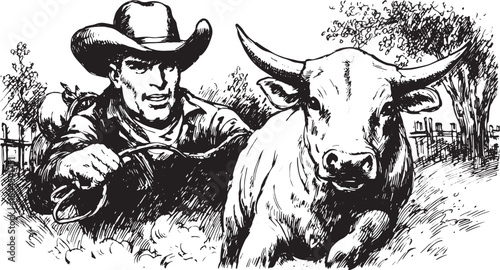 Cowboy with cattle in a hand-drawn vintage style. Simple vector illustration featuring a cow, rope, and outdoors setting.