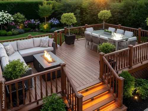 Completed luxury backyard deck with outdoor furniture and warm natural lighting, showcasing high-quality craftsmanship, promotional website photo.