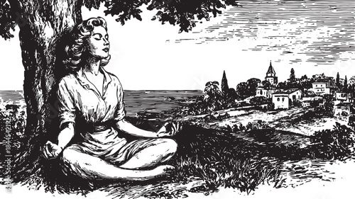Woman meditating under a tree in a serene landscape. This black and white vector illustration emphasizes relaxation and mindfulness in nature.