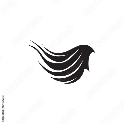 Stylized black shape suggests flowing hair caught in a strong breeze