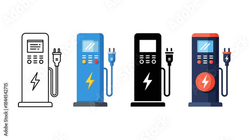 Various Electric Vehicle Charging Stations Illustrated in a Row